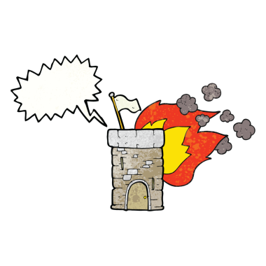 Serbest konuşma balonu bir insan tarafından çizilmiş karikatür yanan kale kulesi.