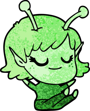 Bir insan tarafından çizilmiş gülümseyen uzaylı kız çizgi filmi.