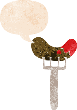 Çizgi film sosisi çatal üzerinde konuşma baloncuğu grunge sıkıntılı retro dokuma tarzı bir insan tarafından çizilmiş