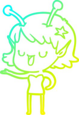 Bir insan tarafından çizilmiş mutlu uzaylı kız çizgi filminin soğuk gradyan çizimi.