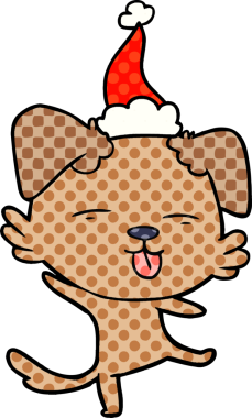 Bir insan tarafından çizilmiş Noel Baba şapkası giymiş dans eden bir köpeğin el çizimi çizgi roman çizimi.