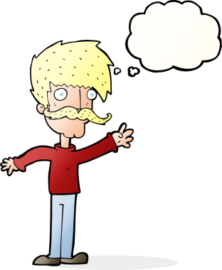 Bir insan tarafından çizilmiş düşünce balonlu bıyıklı bir çizgi film adamı.