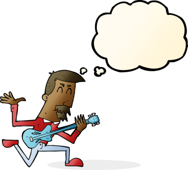 Bir insan tarafından çizilmiş düşünce baloncuğuyla elektro gitar çalan bir çizgi film adamı.