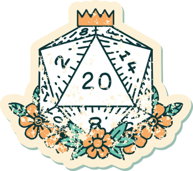 Bir insan tarafından çizilmiş çiçek elementleriyle 20 D20 zarının grunge sticker 'ı.