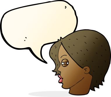 Bir insan tarafından çizilmiş konuşma baloncuğu ile gözlerini kısmış bir kadın yüzü.