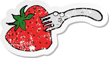 Bir insan tarafından çizilmiş dev çilekle çizilmiş bir çizgi film çatalının gerilimli retro yapıştırması.