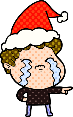 Bir insanın çizdiği Noel Baba şapkasıyla ağlayan bir adamın el çizimi çizgi roman tasviri.