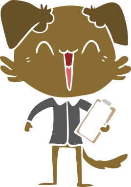 Mutlu ofis köpeği bir insan tarafından çizilmiş düz renkli çizgi film.