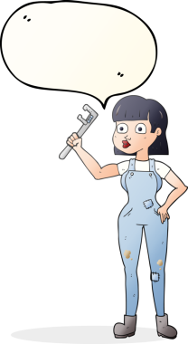 Bir insan tarafından çizilmiş serbest konuşma balonu karikatürü kadın tesisatçı.