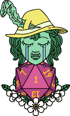 Retro Dövme Tarzı Hüzünlü yarım Ork Ozan Karakteri Bir insan tarafından çizilmiş doğal bir d20 rulo