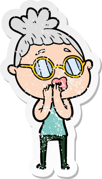 Bir insan tarafından çizilmiş gözlük takan karikatürlü bir kadının sıkıntılı çıkartması.