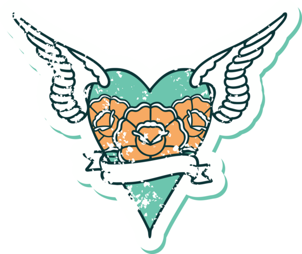 Kanatları ve pankartı insan tarafından çizilmiş bir kalbin sembolik dövmesi.