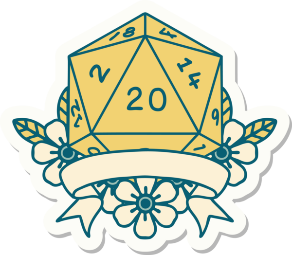 Bir insan tarafından çizilmiş 20 kritik vuruşluk D20 zar etiketi.