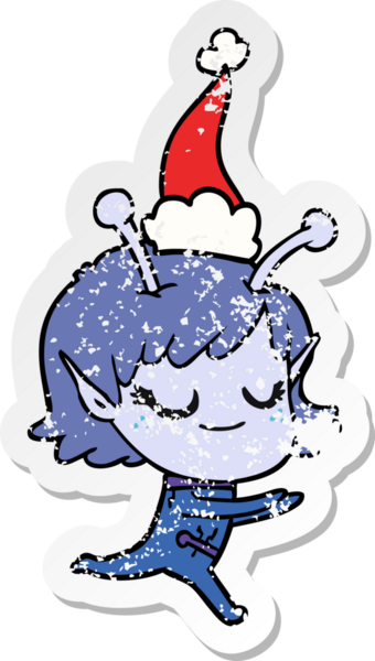 Gülümseyen uzaylı kız eli çizilmiş bir insan tarafından çizilmiş Noel Baba şapkası takan bir koşucunun çıkartması.