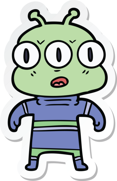 Çizgi film çıkartması. Bir insan tarafından çizilmiş üç gözlü uzaylı.