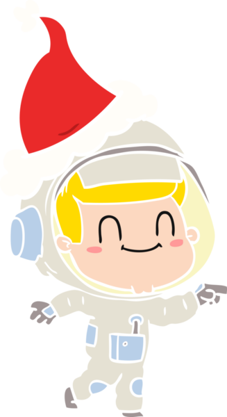 Mutlu el çizimi düz renk çizimi. Bir astronot Noel Baba şapkası takıyor. Bir insan tarafından çizilmiş.