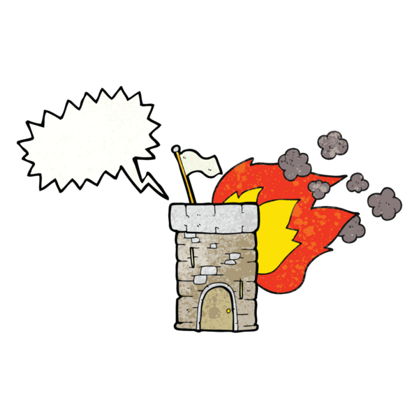 Serbest konuşma balonu bir insan tarafından çizilmiş karikatür yanan kale kulesi.