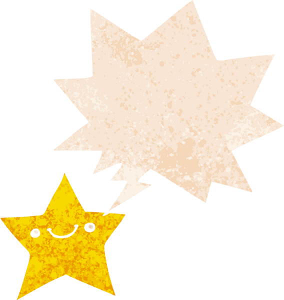 Bir insan tarafından çizilmiş grunge sıkıntılı retro tarzı ile mutlu çizgi film yıldızı konuşma balonu