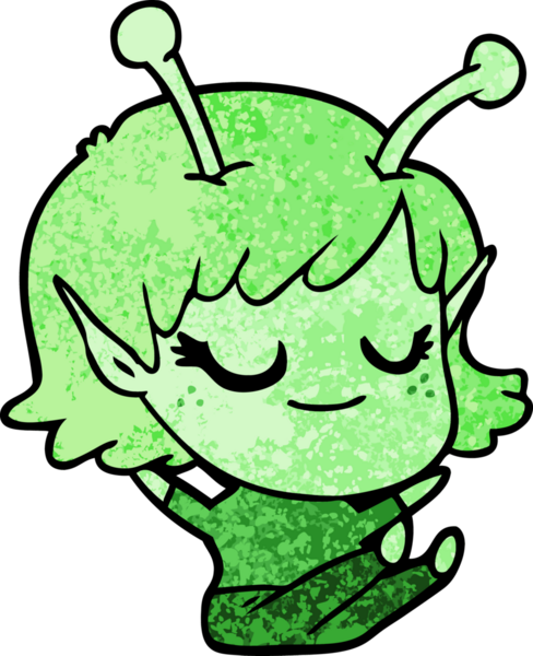 Bir insan tarafından çizilmiş gülümseyen uzaylı kız çizgi filmi.