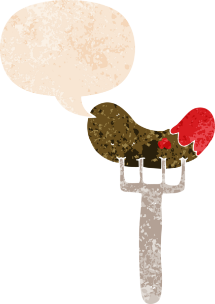 Çizgi film sosisi çatal üzerinde konuşma baloncuğu grunge sıkıntılı retro dokuma tarzı bir insan tarafından çizilmiş