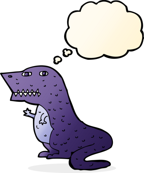 Bir insan tarafından çizilmiş düşünce baloncuklu bir dinozor.