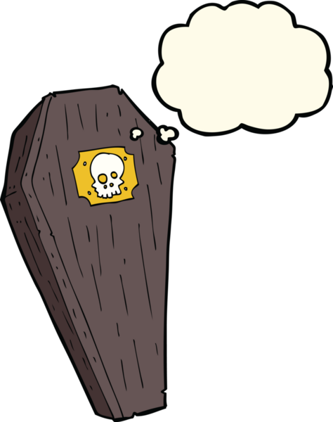 Bir insan tarafından çizilmiş düşünce baloncuklu ürkütücü karikatür tabut.