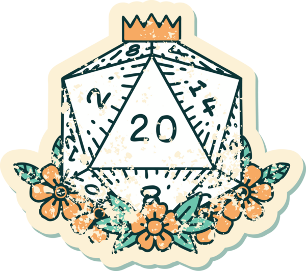 Bir insan tarafından çizilmiş çiçek elementleriyle 20 D20 zarının grunge sticker 'ı.