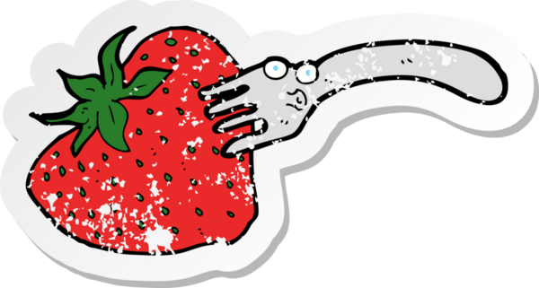 Bir insan tarafından çizilmiş dev çilekle çizilmiş bir çizgi film çatalının gerilimli retro yapıştırması.