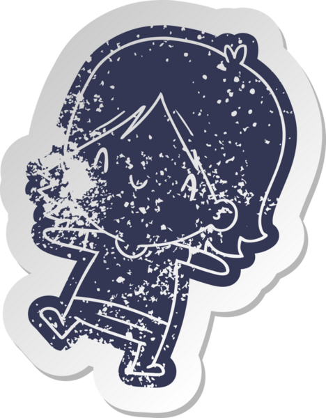 Bir insan tarafından çizilmiş sevimli bir kawai kızının sıkıntılı eski çizgi film çıkartması.