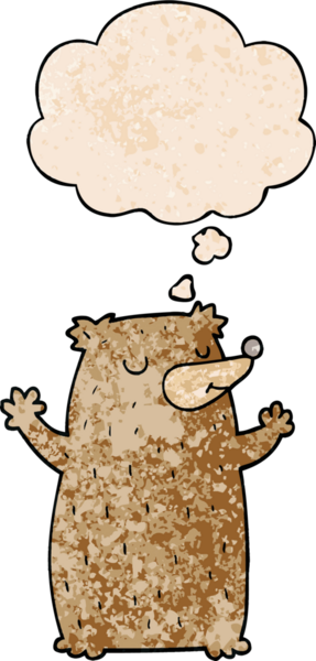 Bir insan tarafından çizilmiş grunge desenli düşünce baloncuklu çizgi film ayısı.