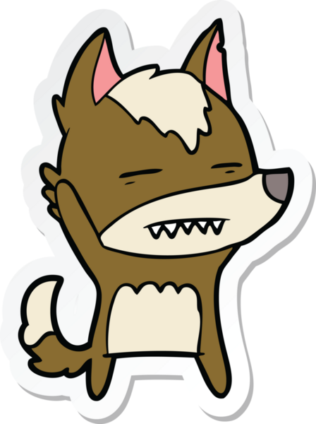 Bir insan tarafından çizilmiş dişleri gösteren bir kurt çizgi film çıkartması.