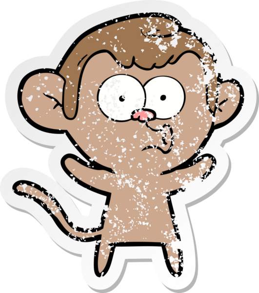 Bir insan tarafından çizilmiş üzgün bir çizgi film çıkartması. Şaşırmış bir maymun.