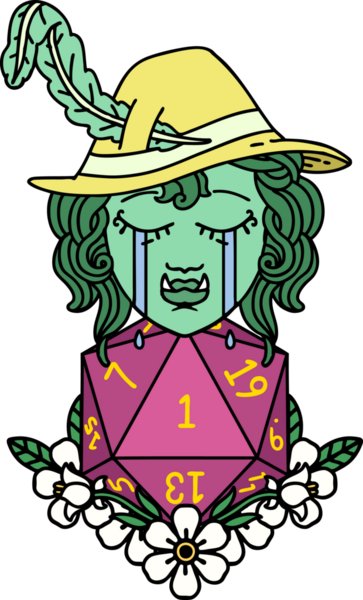 Retro Dövme Tarzı Hüzünlü yarım Ork Ozan Karakteri Bir insan tarafından çizilmiş doğal bir d20 rulo