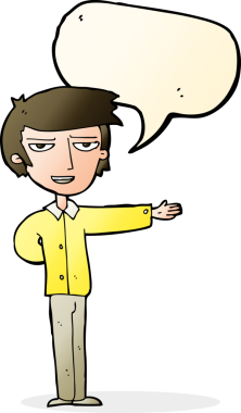 Bir insan tarafından çizilmiş konuşma baloncuğuyla hoş geldin jestleri yapan çizgi film adamı.