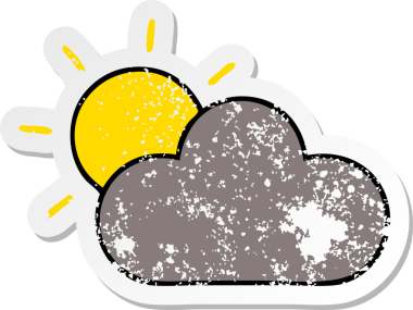 Sevimli bir çizgi film yıldızının sıkıntılı çıkartması ve bir insan tarafından çizilmiş fırtına bulutu.