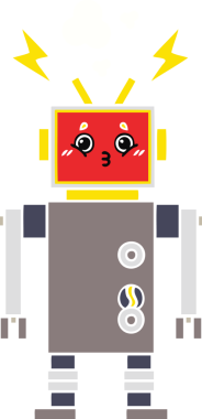 Bir insan tarafından çizilen robot arızasının düz renk retro karikatürü