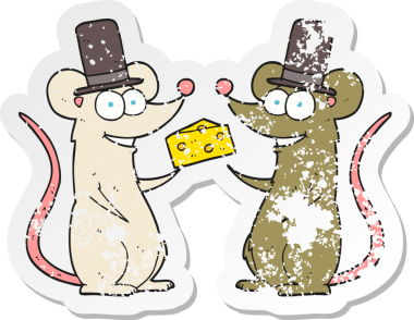 Bir insan tarafından çizilmiş peynirli karikatür faresinin gerilemiş retro yapıştırması