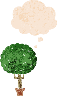 Düşünce baloncuğu ve grunge desenli karikatür ağacı bir insan tarafından çizilmiş.