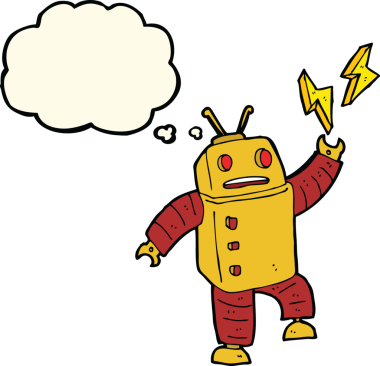 Bir insan tarafından çizilmiş düşünce baloncuklu çizgi film robotu