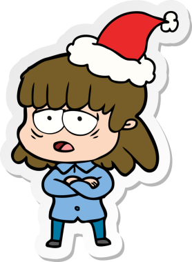 Bir insan tarafından çizilmiş Noel Baba şapkası giyen yorgun bir kadının el yazısı.