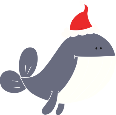 Bir insan tarafından çizilmiş Noel Baba şapkası takan bir balinanın düz renkli çizimi