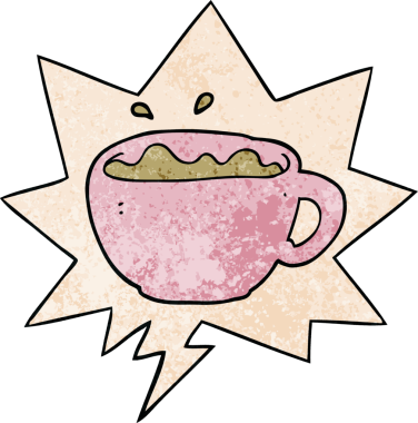 Bir insan tarafından çizilmiş eski moda konuşma baloncuklu çizgi film kahve fincanı.