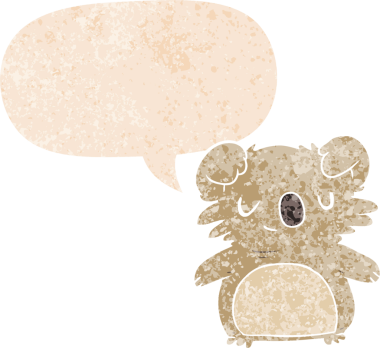 grunge 'da konuşma baloncuğu olan çizgi film koalası bir insan tarafından çizilmiş gerilimli retro dokuma tarzı