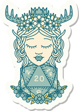 Bir insan tarafından çizilmiş nautral yirmilik zarlı bir Elf Druid karakterinin çıkartması.