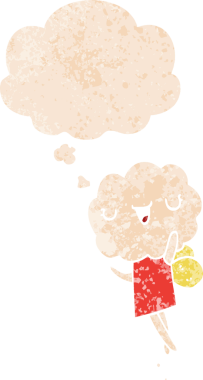 Düşünce baloncuğu ve grunge dertli retro desenli bir insan tarafından çizilmiş şirin çizgi film başlıklı yaratık.