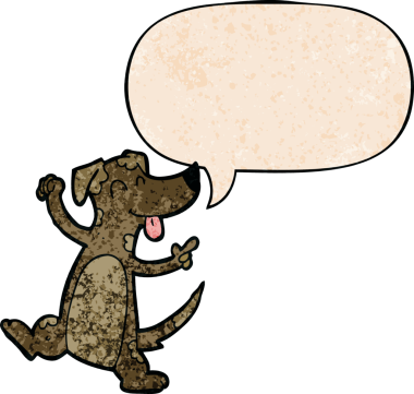 Bir insan tarafından çizilmiş eski moda konuşma baloncuklu çizgi film köpeği.