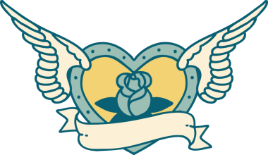 Bir insan tarafından çizilmiş çiçek ve bayrak ile uçan bir kalbin ikonik dövme görüntüsü