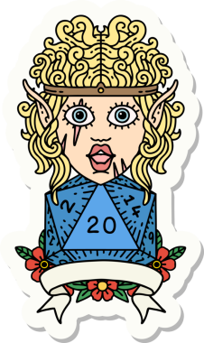 Bir insan tarafından çizilmiş 20 zarlı elf barbar karakterinin çıkartması.