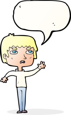 Bir insan tarafından çizilmiş konuşma baloncuğuyla el sallayan mutsuz bir çocuk.