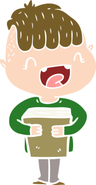 Düz renkli çizgi film. Mutlu çocuk. Bir insan tarafından çizilmiş yeni kitaplar.